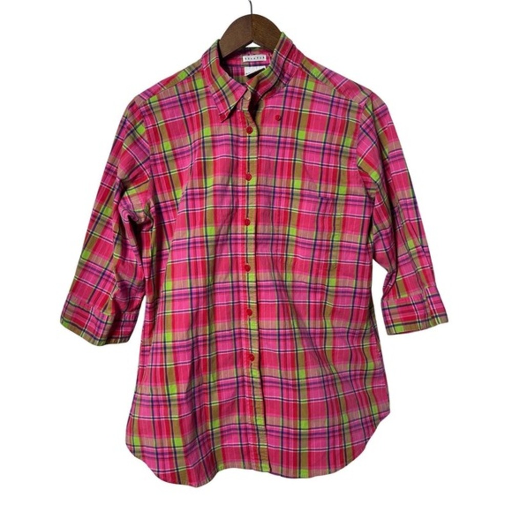 VTG Carolina Colours Plus Women‎ 18W Pink Plaid Button Down Shirt Casual MomCore
